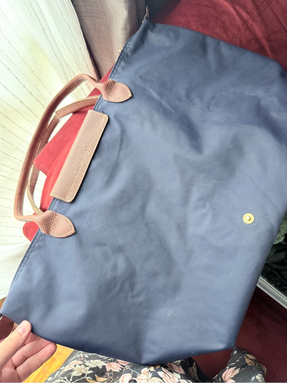 Longchamp Navy Tote with Brown Leather Trim - Picture 3 of 4